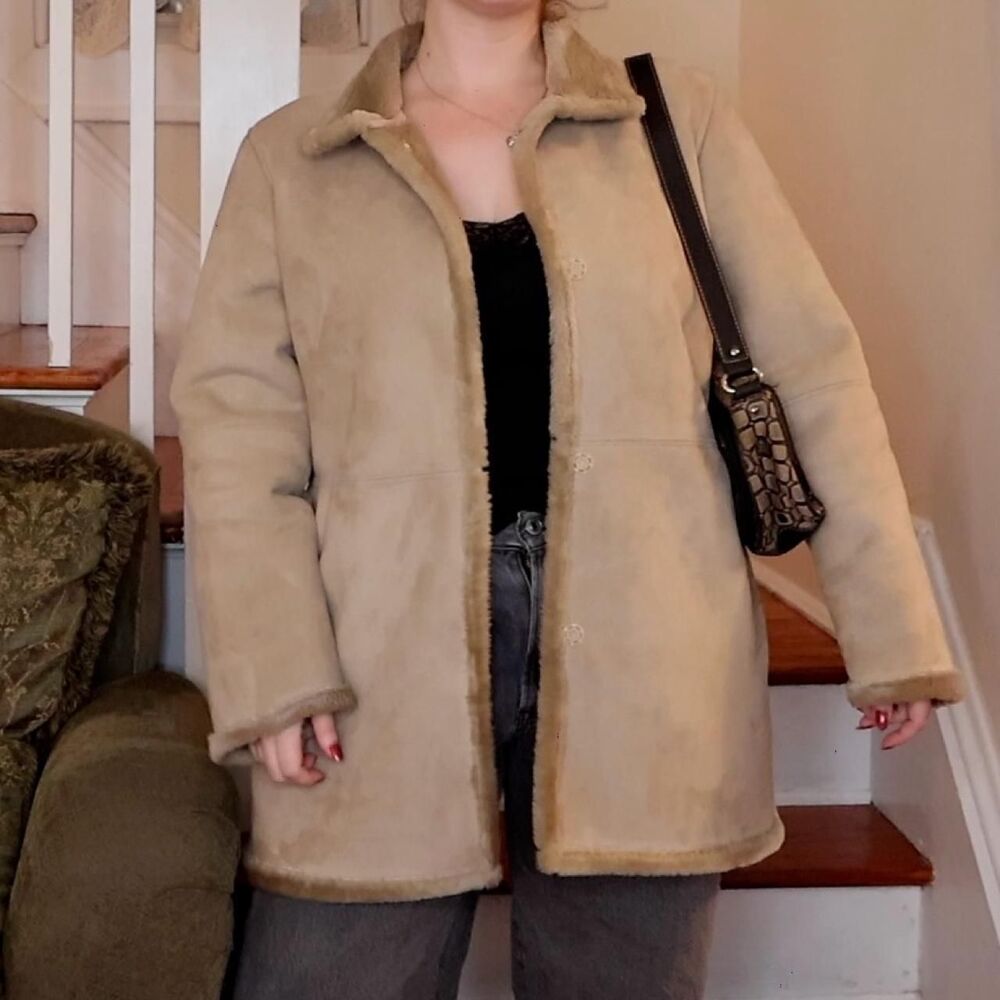 Tan Faux Fur Penny Lane Coat Sz 10 Medium Large BHS Snap Closure Winter Jacket